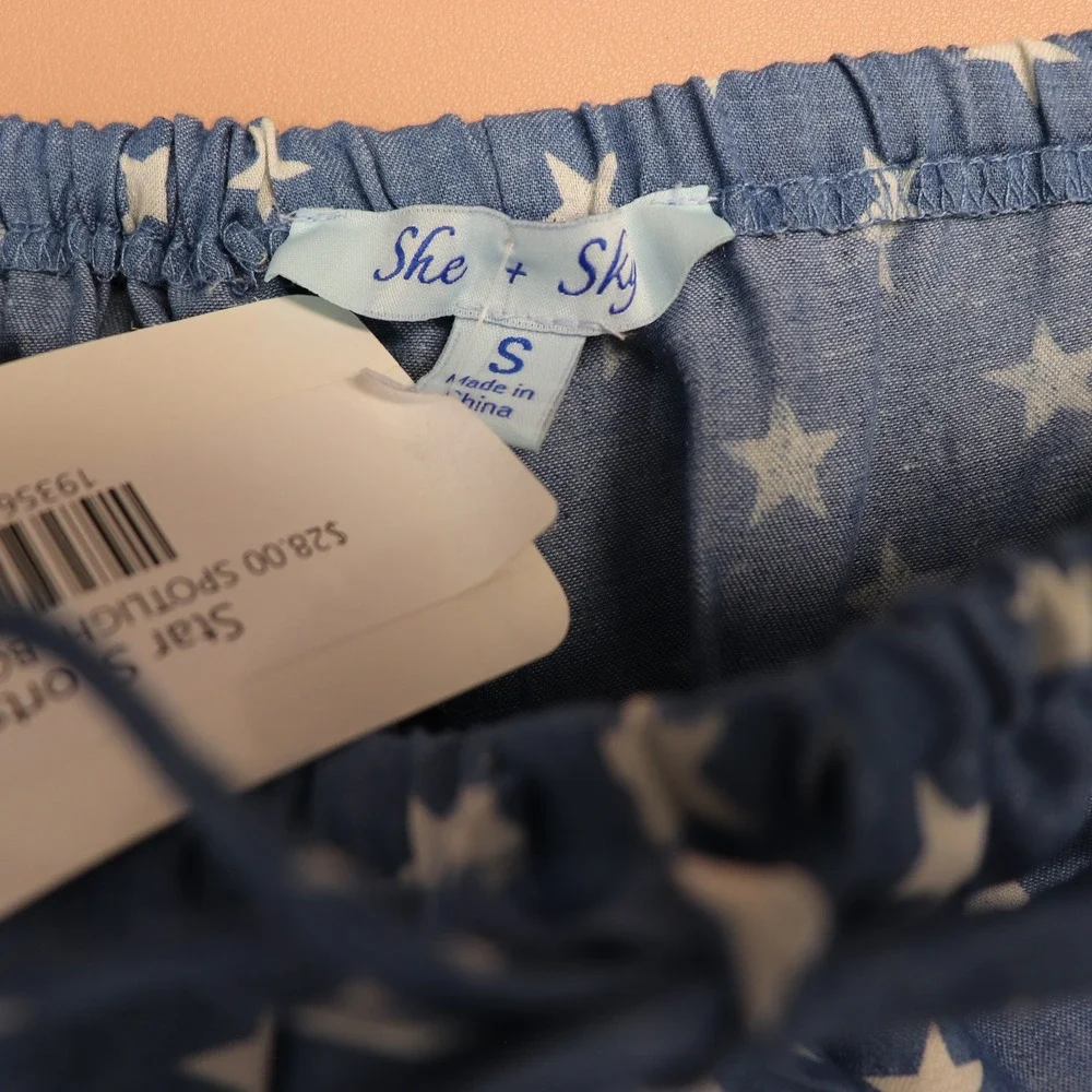 SHE + SKY Light Blue Star Print Drawstring Shorts, Size‎ S